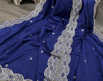 Royal blue embroidered dupatta on vegan crepe silk / stole / wrap / Free Shipping in US