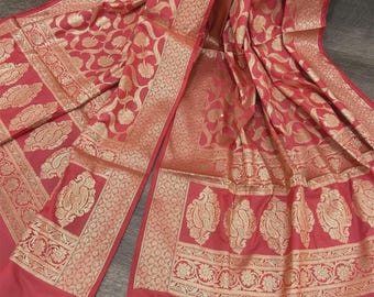 Dark Coral Banarasi Dupatta /Stole/Wrap/ Free Shipping in US