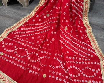 Bandhej dupatta with gota lace border / Tie and dye scarf/ Art Silk
