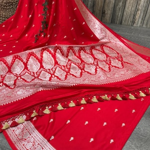Red Mashru Satin Banarasi Saree /Vegan Saree / Free Shipping In US