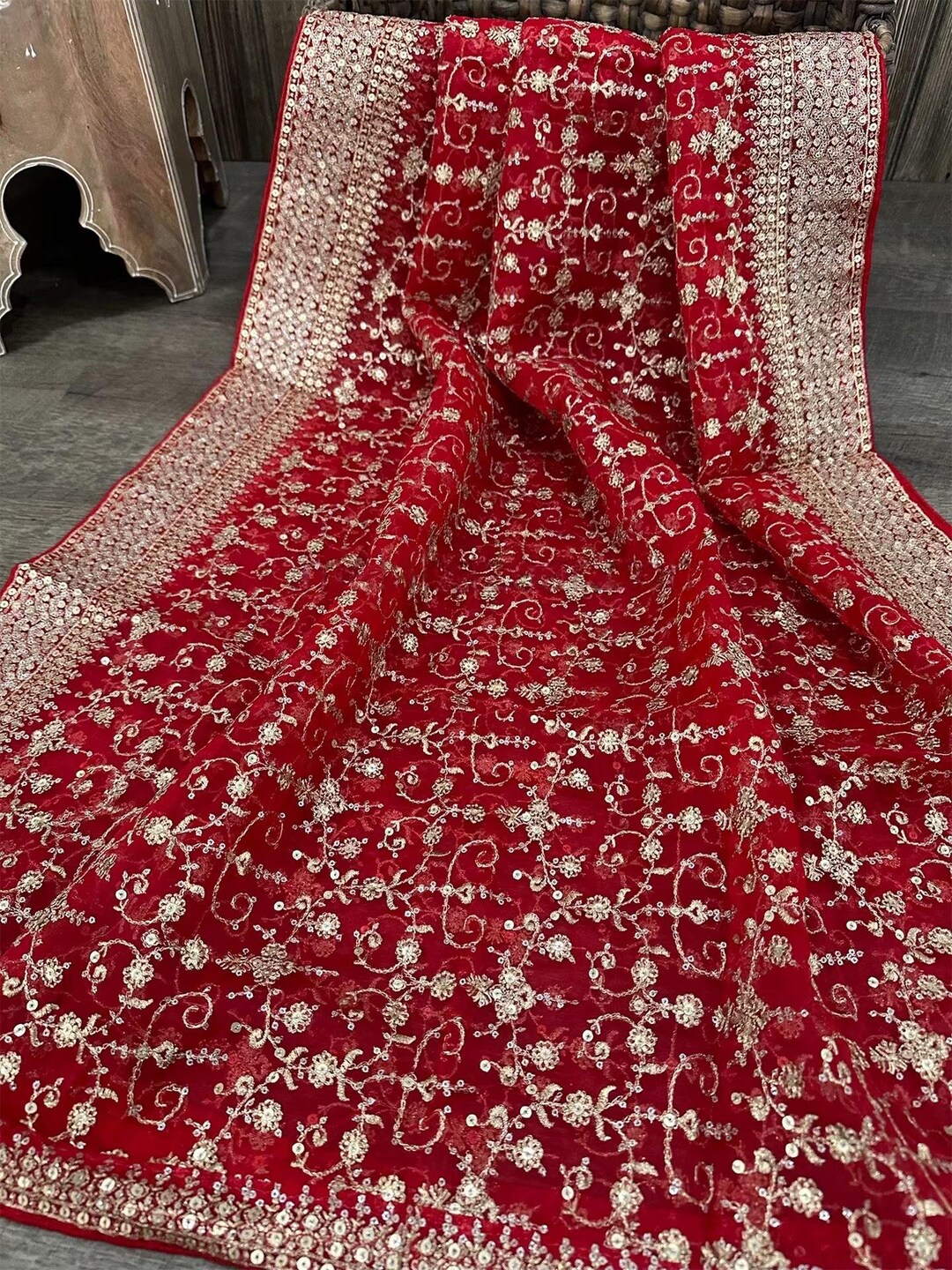 Embroidered Red Organza Dupatta /stole/wrap, Free Shipping in US - Etsy