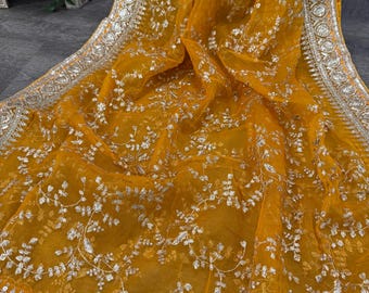 Embroidered Orange Yellow Organza Dupatta /Stole/Wrap, Free Shipping In US