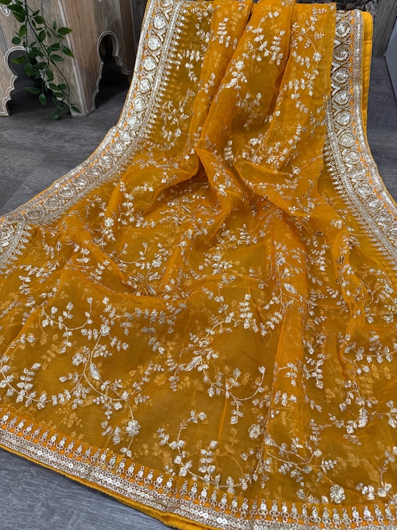 Embroidered Orange Yellow Organza Dupatta /Stole/Wrap, Free Shipping In US