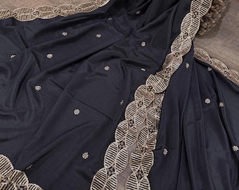 Black embroidered dupatta on vegan crepe silk / stole / wrap / Free Shipping in US