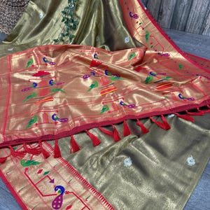 Paithani Dark Gold Tissue Saree / Vegan Saree / Fall attached /Free Shipping In US