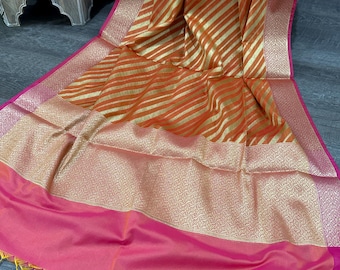 Striped Orange Banarasi Dupatta /Silk Stole/Wrap/ Free Shipping in US