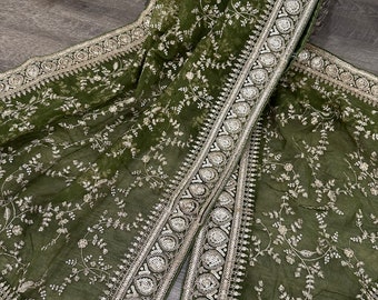 Embroidered Moss Green Organza Dupatta /Stole/Wrap/ Free Shipping in US