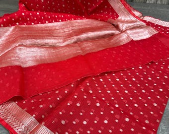 Red Pure Kota Silk Saree  / Fall attached/Free Shipping In US