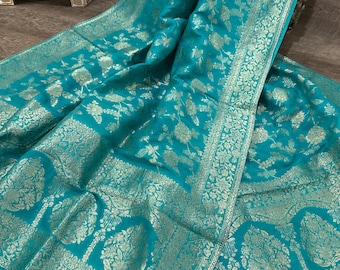 Turquoise Blue Georgette Banarsi Dupatta /Stole/Wrap / Free Shipping in US