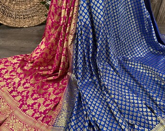 Rani Pink and Blue Banarsi Saree / Vegan Silk/ Free Shipping In US