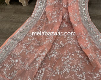 Embroidered Organza Peach and Silver Dupatta /Stole /Wrap, Free Shipping in US