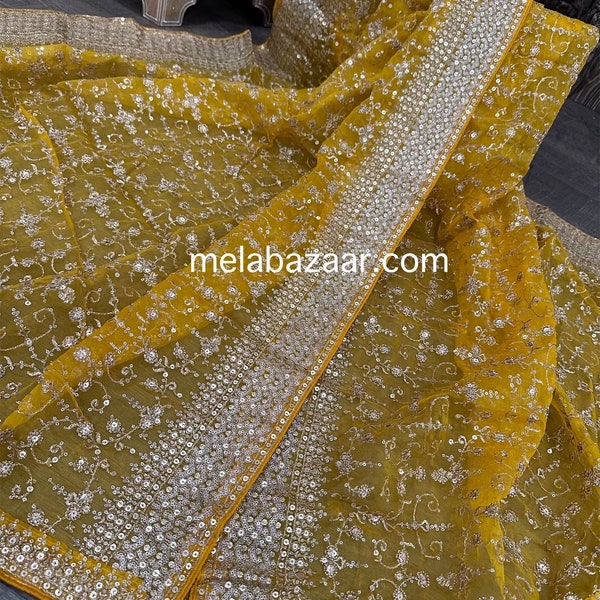 Embroidered Yellow Organza Dupatta /Stole/Wrap, Free Shipping In US