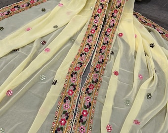 Embroidered Pale Yellow Georgette Dupatta /Stole/Wrap, Free Shipping In US