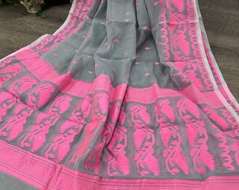 Pink and Gray Jamdani Dupatta / Extra Wide / 90 by 48 inches / Free Shipping in US