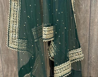 Bridal Dark Pine Green Net Dupatta /Stole/Wrap/Free Shipping in US