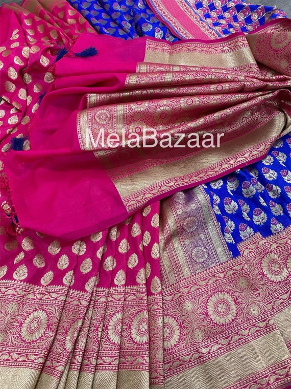 Banarsi Silk Saree Rani Pink And Blue Half And Half Saree Etsy Singapore