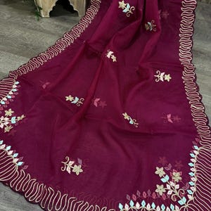 Ruby wine organza dupatta / stole / wrap / Free Shipping in US