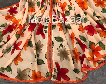 Orange floral printed dupatta /Scarf/Stole / Free Shipping in US