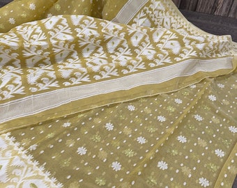 Dark Beige Jamdani Saree / Fall Attached /Free Shipping In US