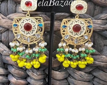 Meenakari Ivory and Yellow Indian Earrings/ Free Shipping in US