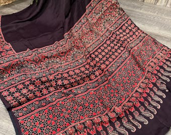 Hand Printed Ajrakh Modal Silk Saree / Free Shipping in US