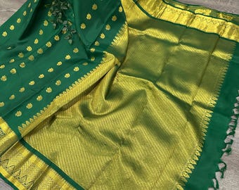 Pure Silk Kanjivaram Bottle Green Saree/ SILK MARK / Free Shipping In US