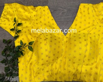 Yellow Blouse for Saree / Satin Banarsi / Free shipping in US