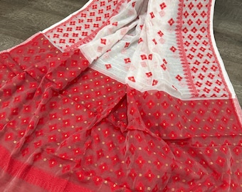 Red and White Jamdani Dupatta / Long and Wide / Mela Bazaar Exclusive /Free Shipping in US