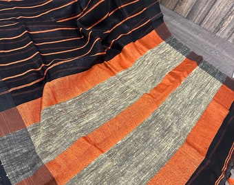 Striped Orange and Black Linen Saree / Fall attached/ Free Shipping In US