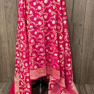 Pure Katan Silk Rani Pink Banarasi Dupatta / Free Shipping in US