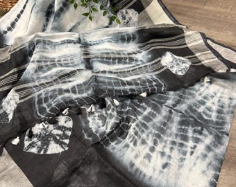 Black and White Tie Dye Linen Saree / 100 Count Pure Linen / Free Shipping In US