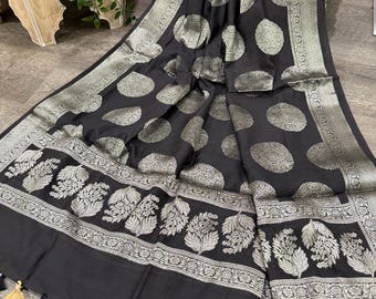 Black Banarasi Cotton Silk Dupatta /  Shawl /Wrap/ Free Shipping in US