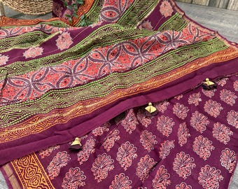 Handblock Print Chanderi Silk by Cotton Saree with Zari Border In Wine Color /Free Shipping In US