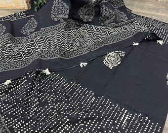 Black Pure Cotton Hand Printed Saree / Free Shipping In US
