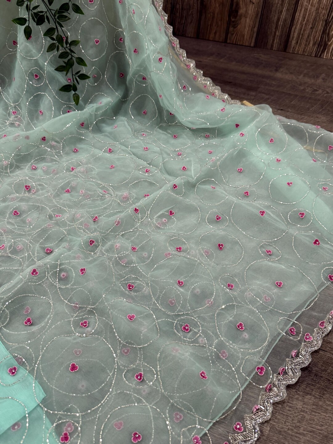 Elegant Aqua Blue Organza Saree with Multicolor Floral Embroidery and Pearl Detailing main image 1