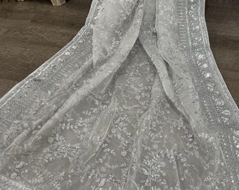 Embroidered Organza White and Silver Dupatta /Stole /Wrap, Free Shipping in US