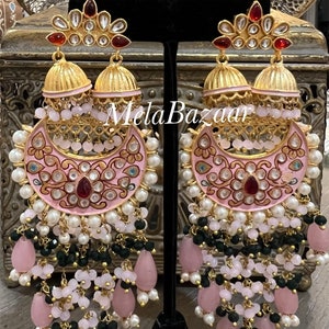 Kundan and Meenakari Pink Earrings/ large statement earrings/ Free Shipping in US