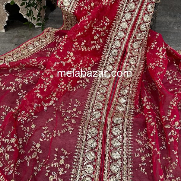 Embroidered Organza Reddish Pink Dupatta /Stole /Wrap, Free Shipping in US