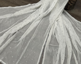 Fine Georgette White and Silver Dupatta /Stole/Wrap/ Free Shipping in US