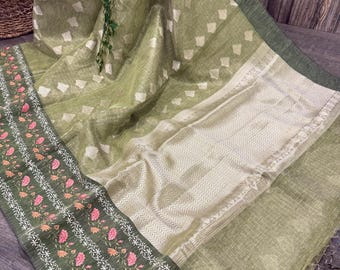 Green Embroidered Banarasi Cotton Tissue Saree / Free Shipping in US