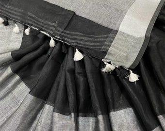 Wide Border Black Linen Saree / Silver and Black Pure Linen Saree /Free Shipping In US
