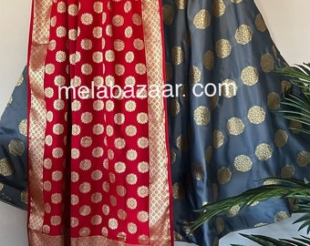 Gray Banarsi skirt / lehenga with red dupatta /  One size fits most.