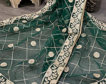 Bottle Green Net Dupatta /Stole/Wrap/ Ships from Ohio