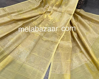 Pale Yellow Banarsi Dupatta on Cotton Silk / Stole/ Free Shipping in US