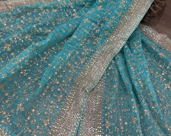Dupatta/Stola/Spalla ricamata in organza blu, spedizione dall'Ohio