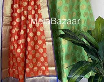 Green Banarsi skirt / lehenga with  Orange dupatta/ One size/ Free Shipping in US