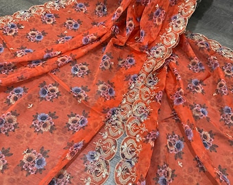 Dupatta / Estola / Pañuelo de organza con flores de color naranja ligero / Envío gratuito en EE. UU.