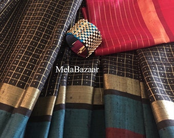 Black Saree Pure Raw Silk with Zari Weaving /Silk Mark Certified/ Free Shipping In US