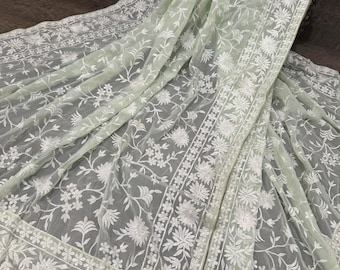 Embroidered Light Mint Green Georgette Dupatta /Shawl / Stole / Wrap /Free Shipping in US