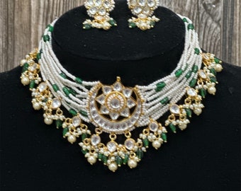 Pearls and Pachi Kundan Choker Necklace and Earrings / Free Shipping in US